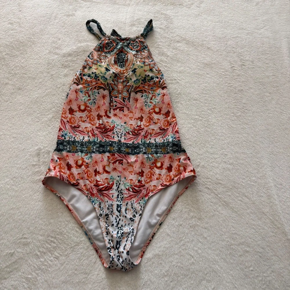 Boho Floral Halter One Piece Swimsuit Open‎ Back XL High Neckline Fully Lined